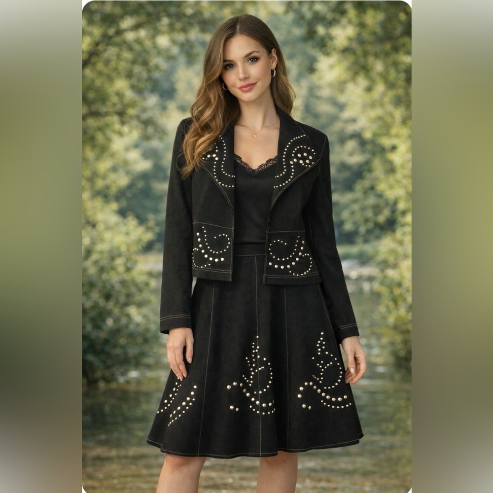 Black Studded Jacket and Skirt Set. Jacket P2P 24” Skirt Waist 19” SIZE 20W